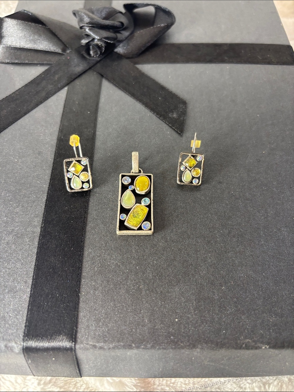 Yellow Enamel and Silver Rectangular Pendant & Earrings Set